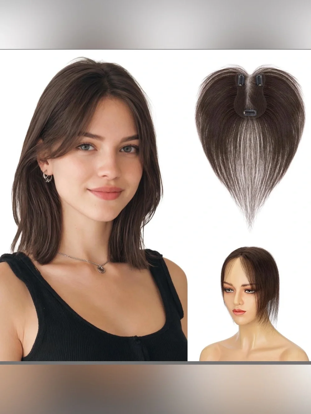 Hairro Human Hair Toppers For Women No Bang Middle Part Side Bangs Dark Brown